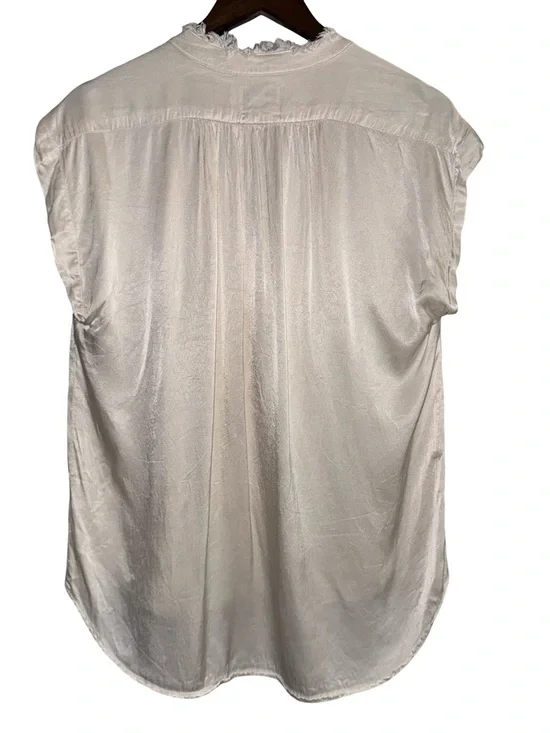 Tina Jo Ivory Satin Blouse Cap Sleeve Ruffle Neck Minimal Coastal Chic wedding - Picture 3 of 6